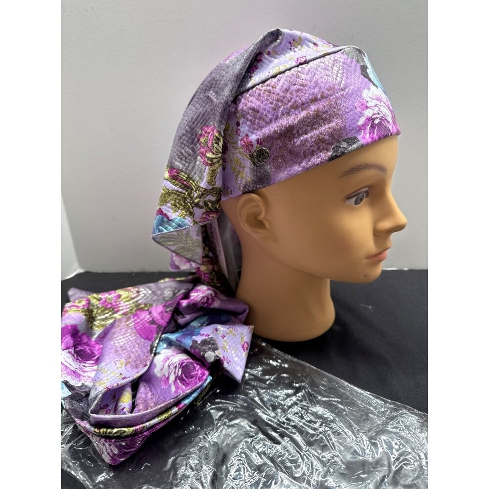 Rinati Lakel Purple Floral Leatherette Kaly Easy Headscarf Satin Feel Floral Pat